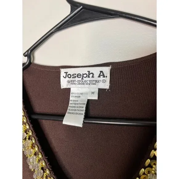 2000s Y2K Joseph A Viscose Chocolate Brown Gold 3D Jeweled Beaded Shirt M - Picture 2 of 5